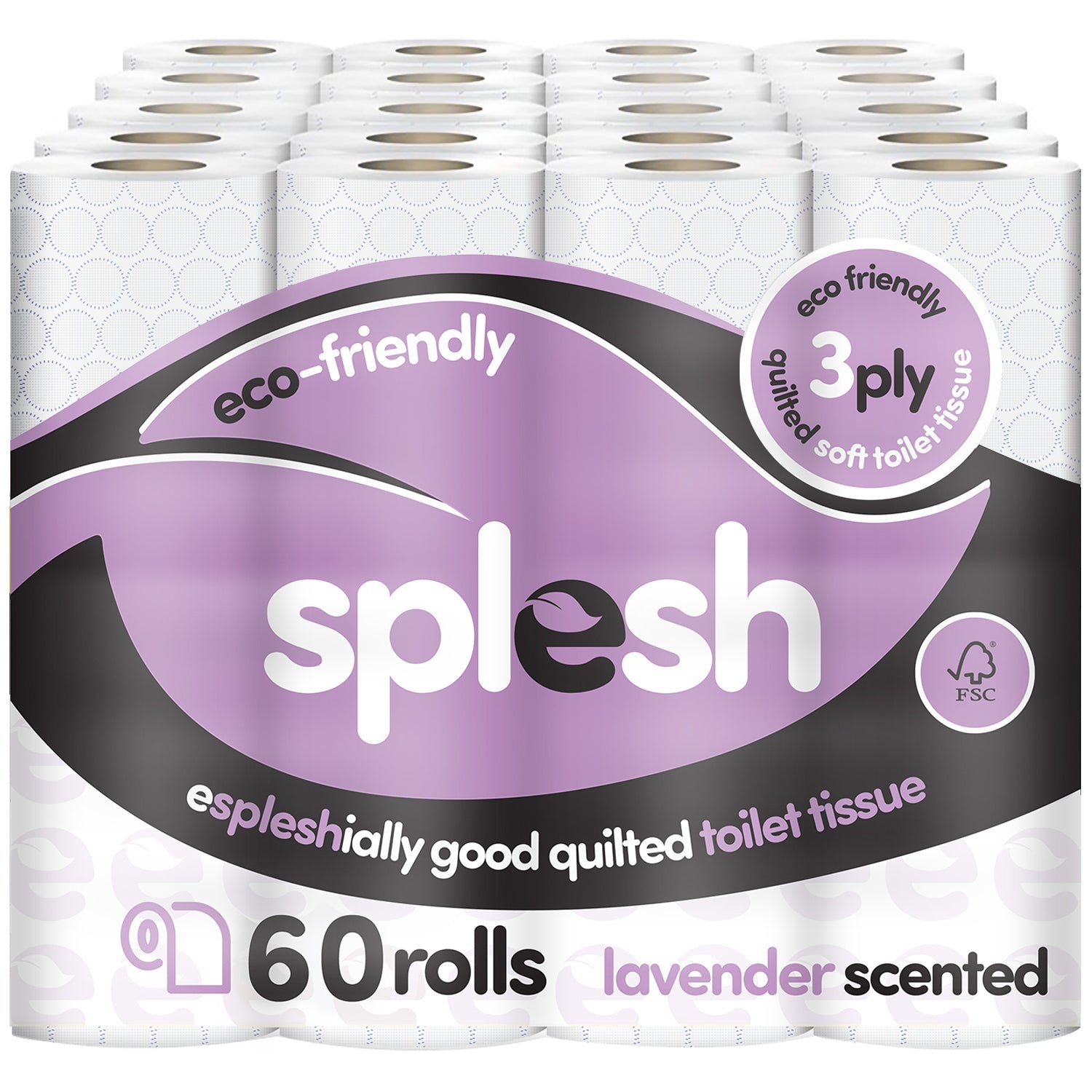 Splesh Toilet Roll, Soft & Quilted Eco-Friendly Lavender, 60 Rolls