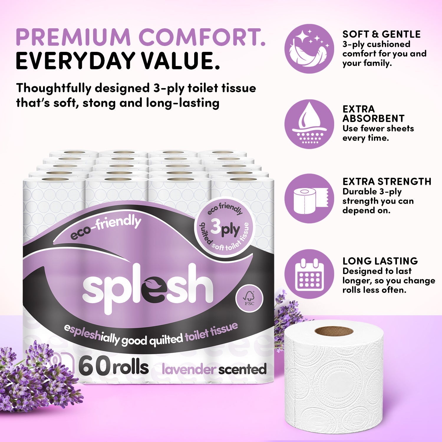 Splesh Toilet Roll, Soft & Quilted Eco-Friendly Lavender, 60 Rolls