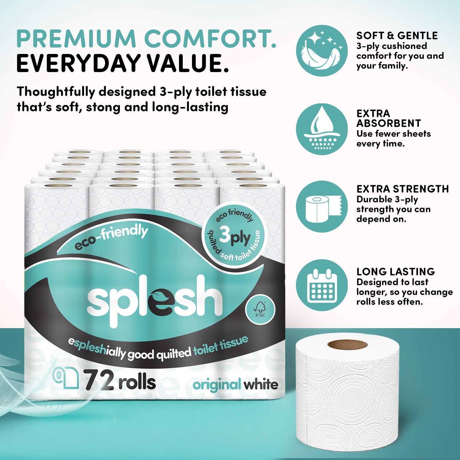Splesh Toilet Roll, Soft & Quilted Eco-Friendly, White, 72 Rolls