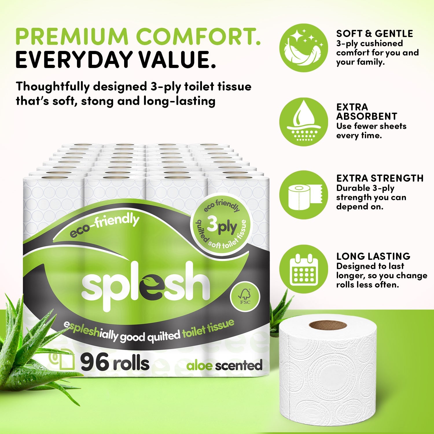 Splesh Toilet Roll Eco-Friendly, Soft & Quilted, Aloe Vera 96 Rolls