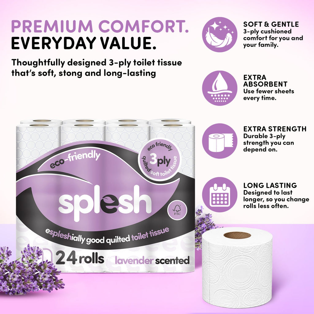 Splesh Toilet Roll Soft & Quilted 3-Ply Lavender Scented Toilet Tissue, 24 Rolls