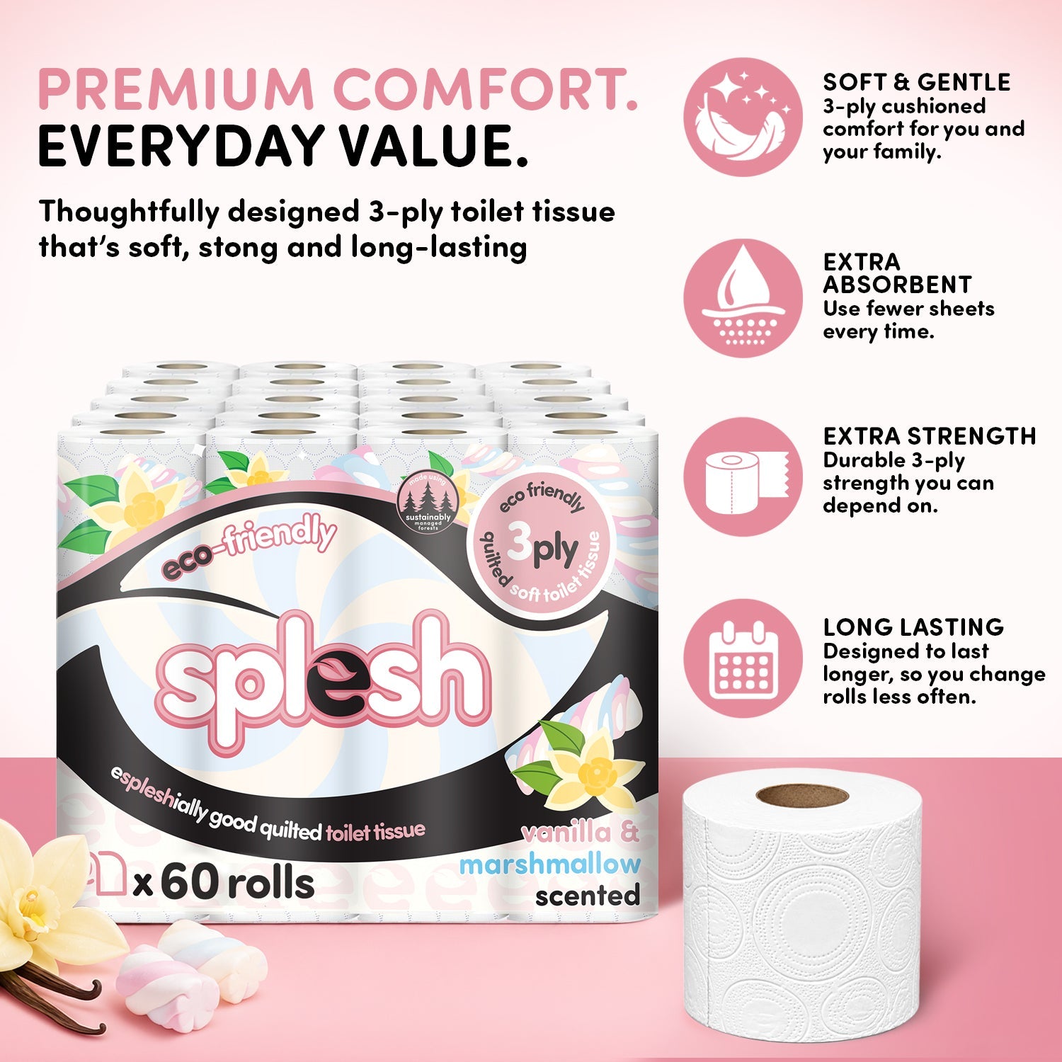 Splesh Quilted Toilet Roll Luxury Vanilla & Marshmallow 3-Ply Soft Toilet Paper, 60 Rolls