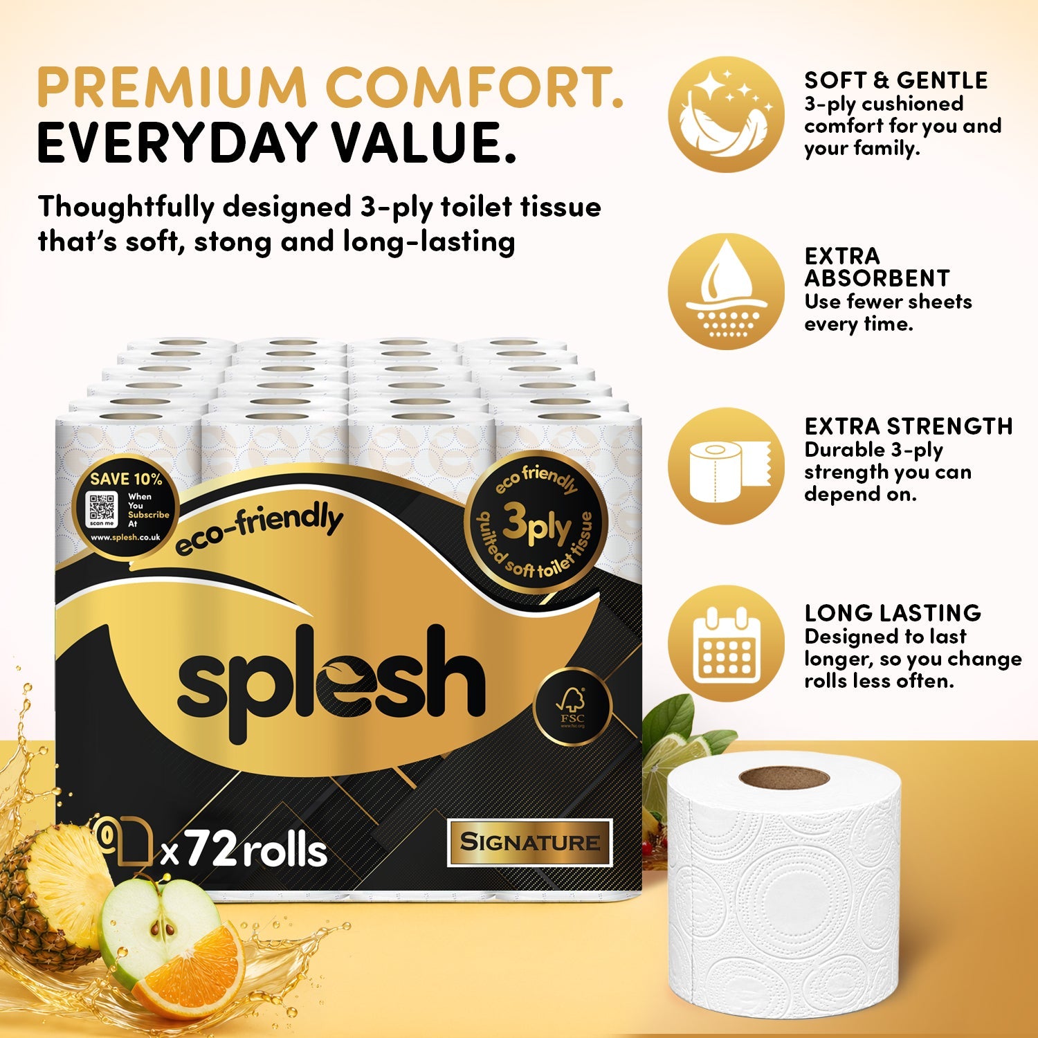 Splesh Toilet Roll, Soft & Quilted Eco-Friendly, Signature, 72 Rolls