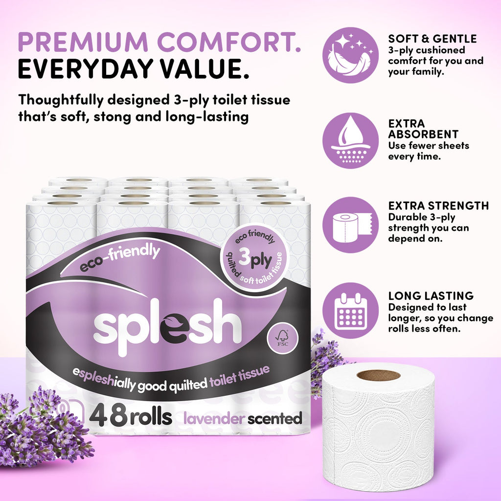 Splesh Toilet Roll Soft & Quilted 3-Ply Lavender Scented Toilet Tissue, 48 Rolls
