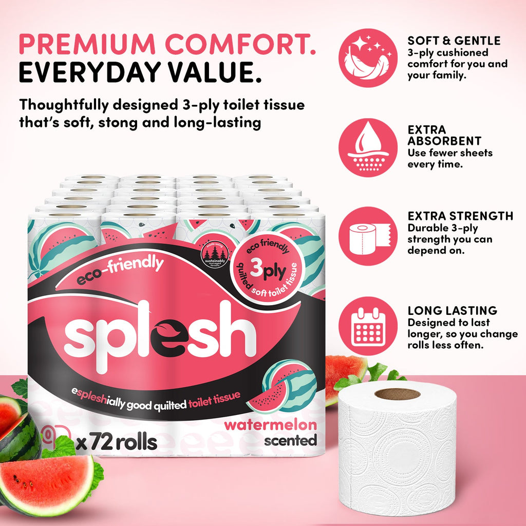 Splesh Quilted Toilet Roll Luxury Watermelon 3-Ply Soft Toilet Paper, 72 Rolls