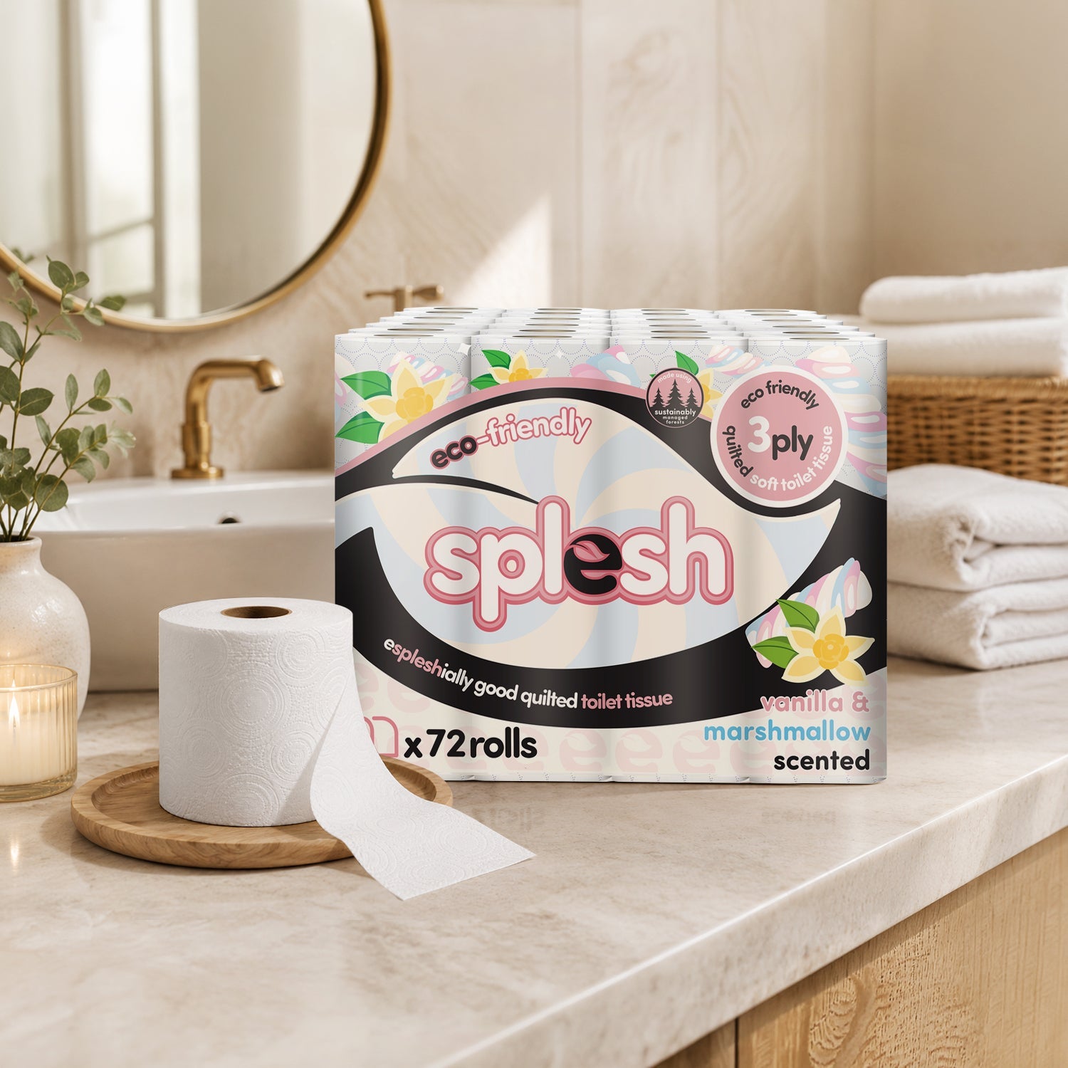 Splesh Quilted Toilet Roll Luxury Vanilla & Marshmallow 3-Ply Soft Toilet Paper, 96 Rolls
