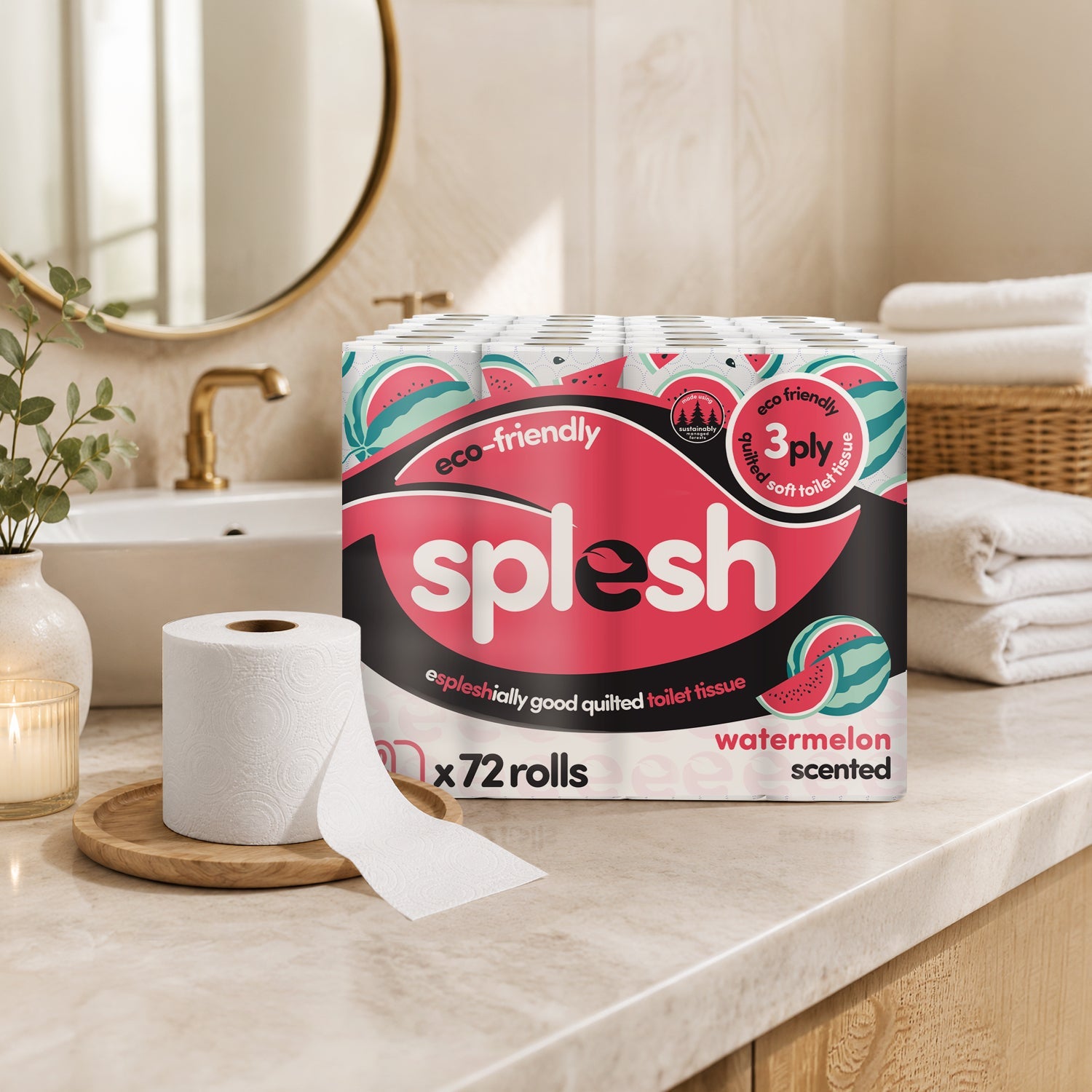 Splesh Quilted Toilet Roll Luxury Watermelon 3-Ply Soft Toilet Paper, 72 Rolls