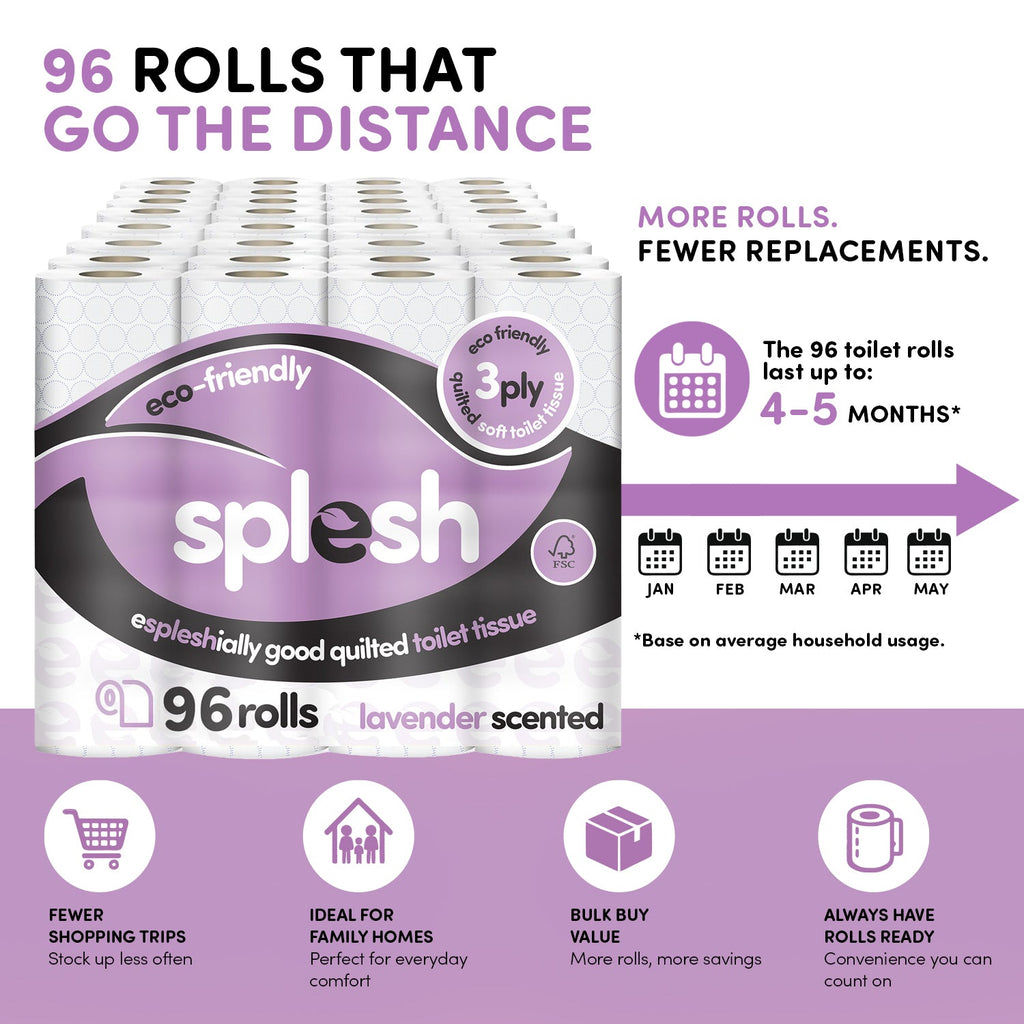 Splesh Toilet Roll, Soft & Quilted Eco-Friendly Lavender, 96 Rolls