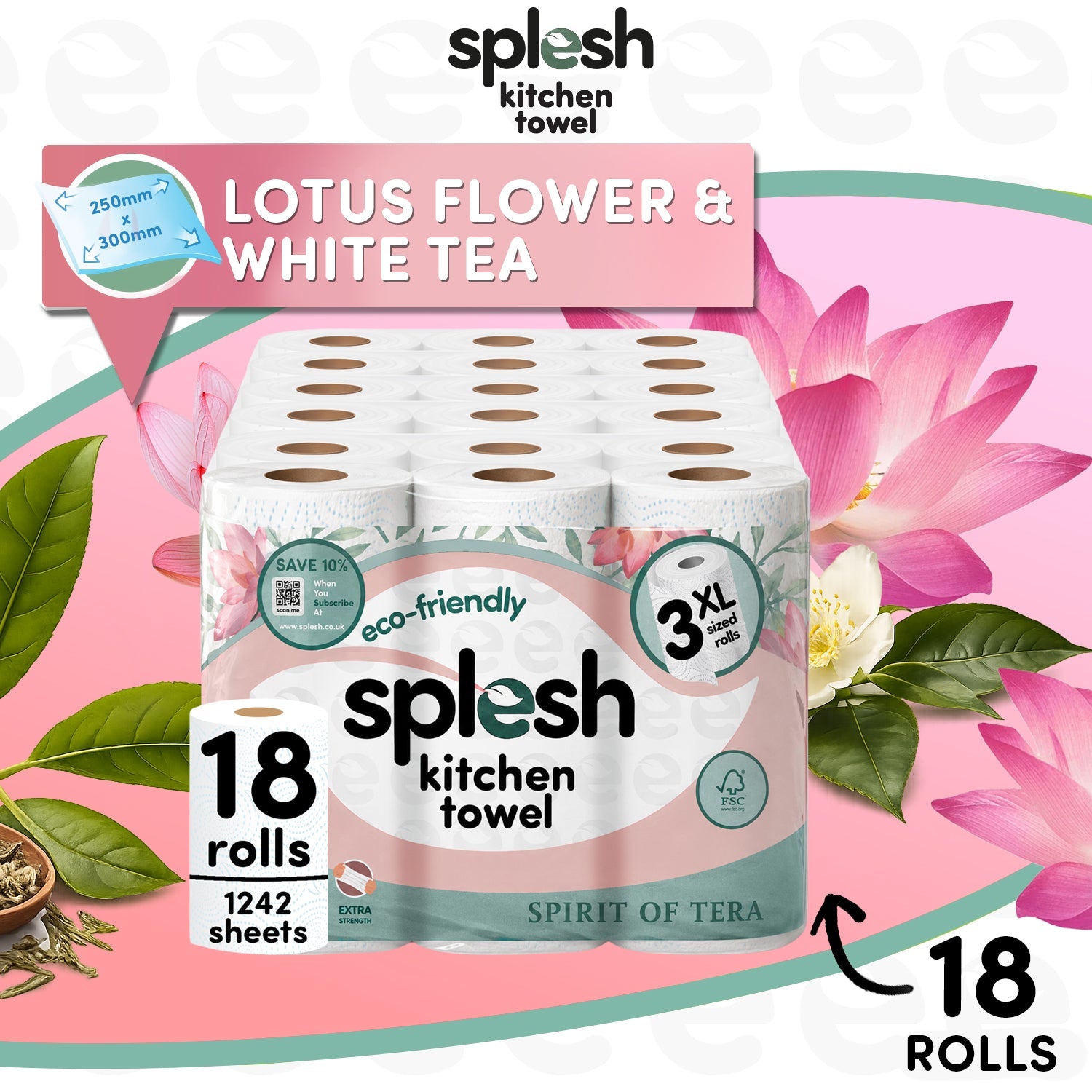 Splesh Kitchen Towel, 3 Ply Ultra Absorbent XL Roll, Spirit of Tera, 18 Rolls