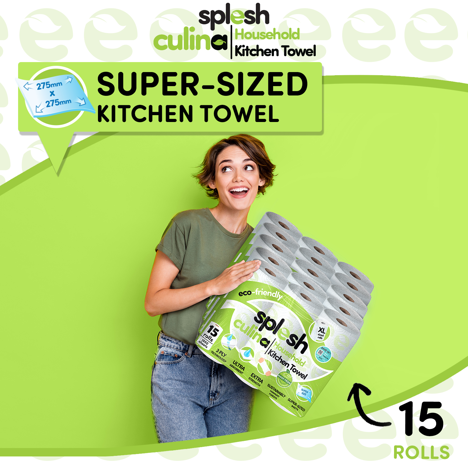 Splesh Toilet Roll Quilted White 48 Rolls, Culina Kitchen Towel 15 Rolls with Splesh 3in1 Laundry Capsules 140W