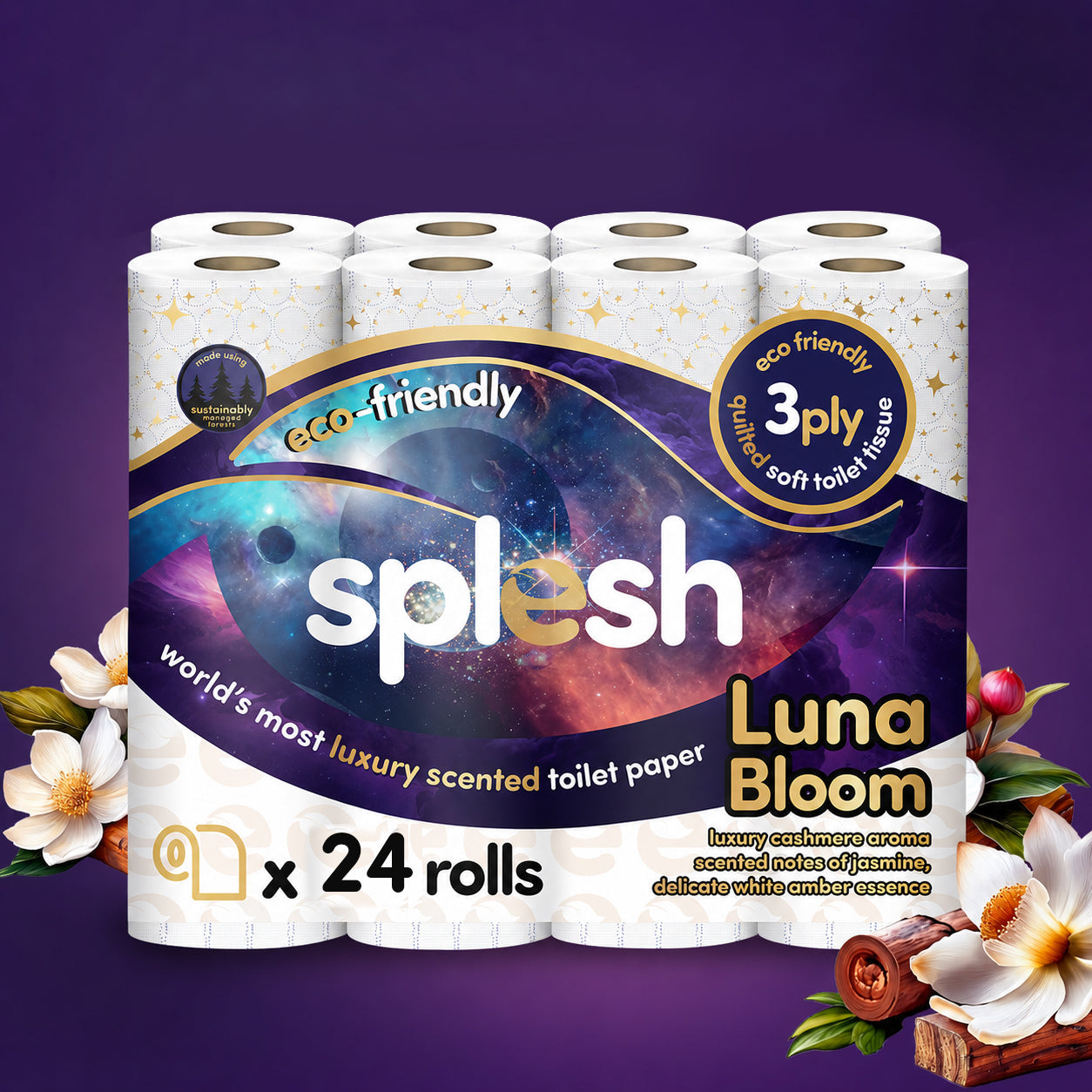 Splesh Quilted Luna Bloom 3-Ply Luxury Scented Toilet Tissue Paper, 24 Rolls