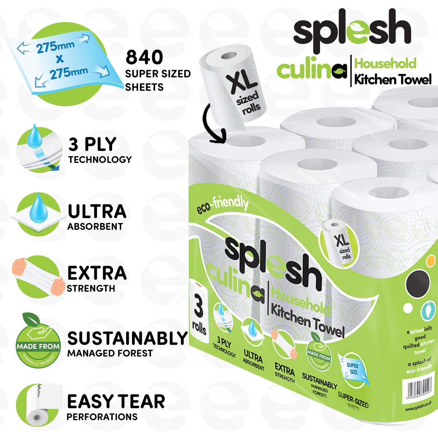 Splesh Toilet Roll Quilted White 12 Rolls, Culina Kitchen Towel 3 Rolls with Ultra Soft Tissues 1 Cube