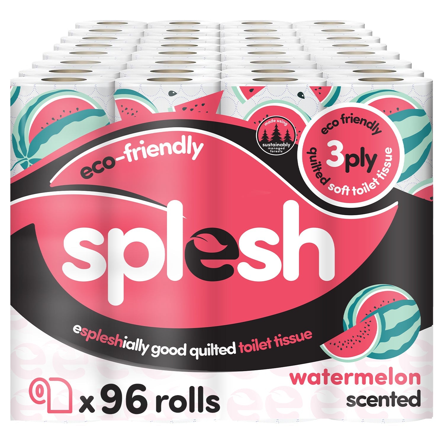 Splesh Quilted Toilet Roll Luxury Watermelon 3-Ply Soft Toilet Paper, 96 Rolls