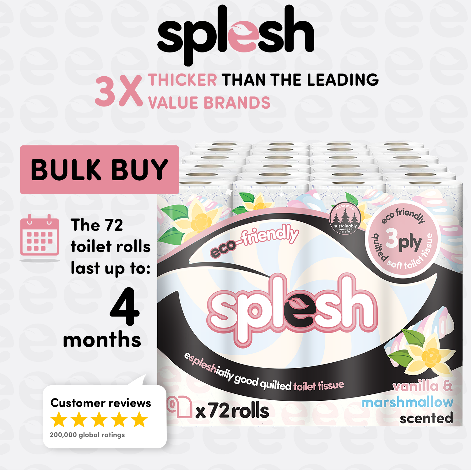 Splesh Quilted Toilet Roll Luxury Vanilla & Marshmallow 3-Ply Soft Toilet Paper, 36 Rolls