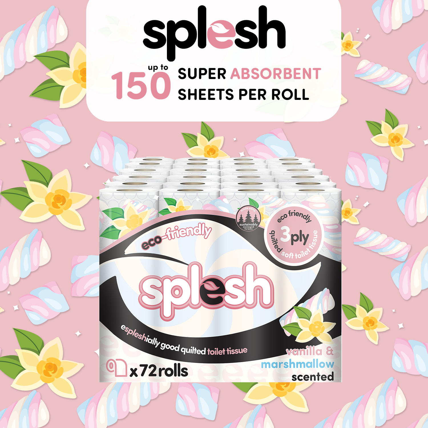 Splesh Quilted Toilet Roll Luxury Vanilla & Marshmallow 3-Ply Soft Toilet Paper, 36 Rolls