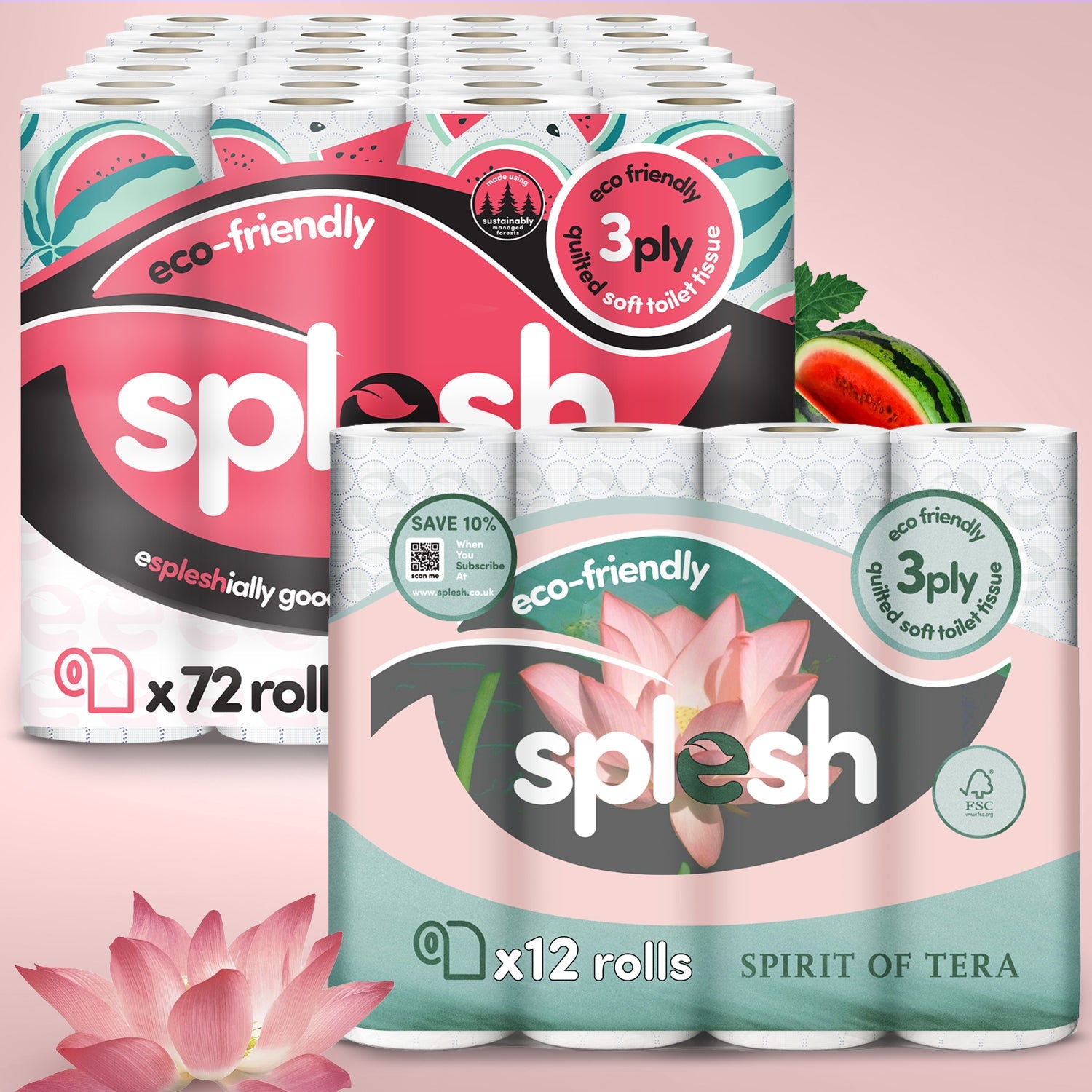 Splesh Watermelon Scented Toilet Roll 72 Pack + FREE Spirits of Tera 12 Pack